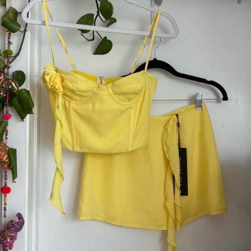 white fox boutique floral yellow corset and mini skirt set